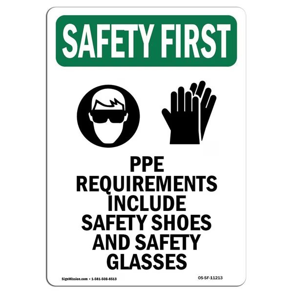 OSHA Sign, PPE Requirements Include W/ Symbol, 14in X 10in Rigid Plastic, 10